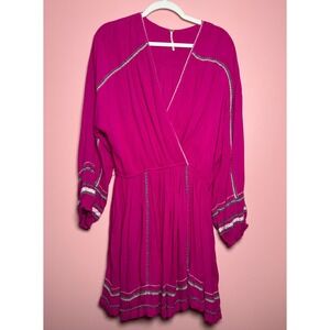 Free People Embroidered Mini Dress Womens M Magenta Excellent Boho V-Neck Wrap